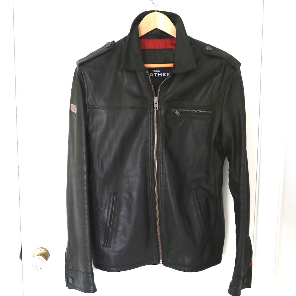 Mens Superdry Black Leather Jacket M